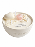 Load image into Gallery viewer, BELOVED - MOTHERS LOVE, ROSE QUARTZ, LAVENDER & LEMON PETIT WHITE CANDLE