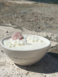 Load image into Gallery viewer, FLOW OF LOVE - ROSE QUARTZ WITH FRANKINCENSE, GERANIUM & LAVENDER MINI WHITE CANDLE