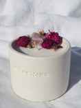 Load image into Gallery viewer, FOREVER - A RAW ROSE QUARTZ WITH BERGAMOT, GRAPEFRUIT AND GERAMIUM WITH DRIED ORGANIC ROSES TINY WHITE CANDLE