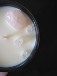 Load image into Gallery viewer, FAITH - ROSE QUARTZ AND CRYSTAL QUARTZ INFUSED SCENTED SMALL BLACK CANDLE