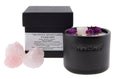 Load image into Gallery viewer, FOREVER - ROSE QUARTZ WITH BERGAMOT & GRAPEFRUIT WITH DRIED ORGANIC FLOWERS TINY BLACK CANDLE