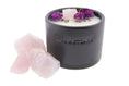 Load image into Gallery viewer, FOREVER - ROSE QUARTZ WITH BERGAMOT & GRAPEFRUIT WITH DRIED ORGANIC FLOWERS TINY BLACK CANDLE