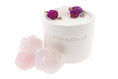 Load image into Gallery viewer, FOREVER - A RAW ROSE QUARTZ WITH BERGAMOT, GRAPEFRUIT AND GERAMIUM WITH DRIED ORGANIC ROSES TINY WHITE CANDLE