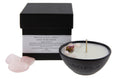 Load image into Gallery viewer, LOVE - ROSE QUARTZ WITH LAVENDER & GERANIUM AND DRIED ORGANIC ROSES MINI BLACK CANDLE