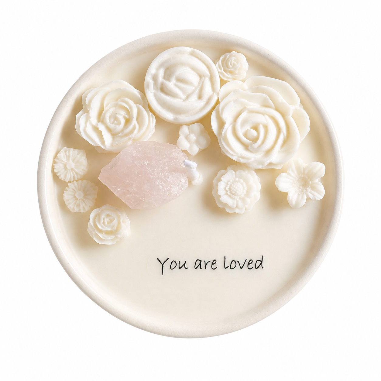 BELOVED - AFFIRMATION ROSE QUARTZ, LAVANDER & LEMON MINI WHITE CANDLE