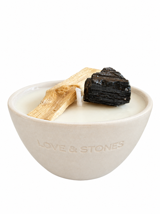 SPIRIT – BLACK TOURMALINE WITH PALO SANTO – MINI WHITE CANDLE