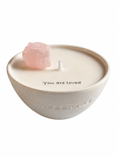 Load image into Gallery viewer, BELOVED - MANTRA ROSE QUARTZ, LEMON & LAVENDER MINI WHITE CANDLE

