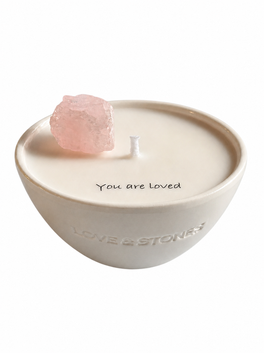 BELOVED - MANTRA ROSE QUARTZ, LEMON & LAVENDER MINI WHITE CANDLE