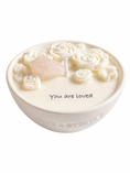 Load image into Gallery viewer, BELOVED - AFFIRMATION ROSE QUARTZ, LAVANDER & LEMON MINI WHITE CANDLE
