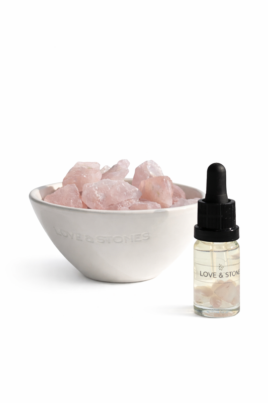 FOREVER - RAW ROSE QUARTZ, BERGAMOT, GRAPEFRUIT & GERANIUM MINI WHITE RAW DIFFUSER