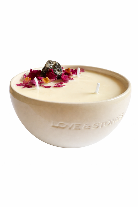 BALANCE -BALANCE - A SMOKE QUARTZ CRYSTAL INFUSED PETIT WHITE CERAMIC CANDLE