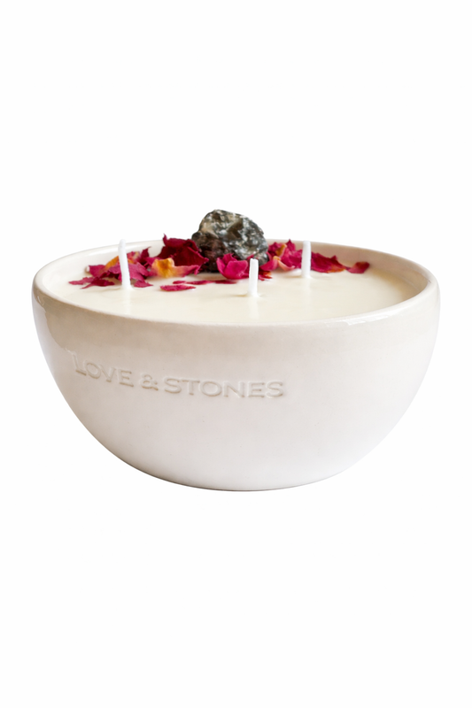 BALANCE -BALANCE - A SMOKE QUARTZ CRYSTAL INFUSED PETIT WHITE CERAMIC CANDLE