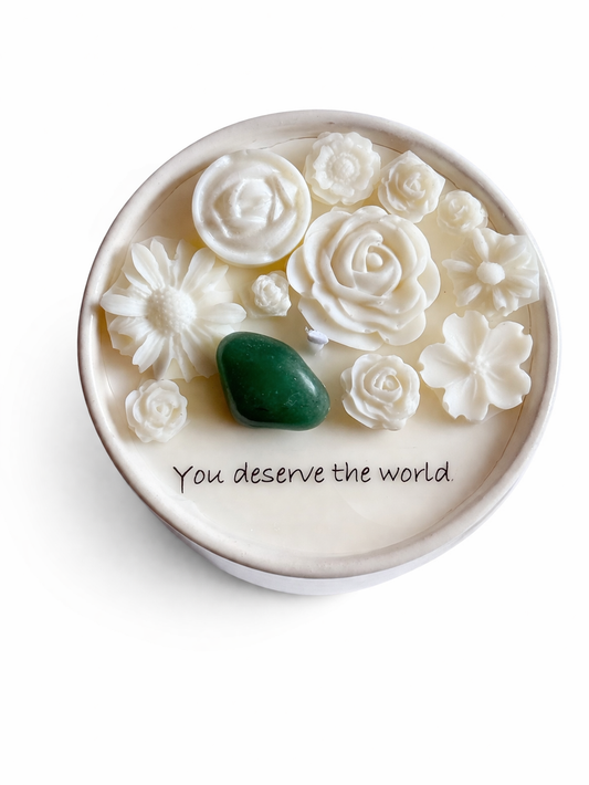 MANIFEST AFFIRMATION CANDLE - GREEN TOURMALINE, PATCHOULI & BERGAMOT MINI WHITE CANDLE