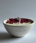 Load image into Gallery viewer, BALANCE  - SMOKED QUARTZ CRYSTAL INFUSED AND DRIED ORGANIC ROSE PETALS SCENTED WHITE MINI CANDLE
