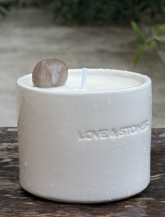 FLOW - SMOKY QUARTZ WITH FRANKINCENSE & FIG TINY WHITE CANDLE