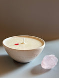 Load image into Gallery viewer, RAW DREAM - ROSE QUARTZ WITH A LITTLE HEART, LAVENDER & LEMON - MINI WHITE CANDLE
