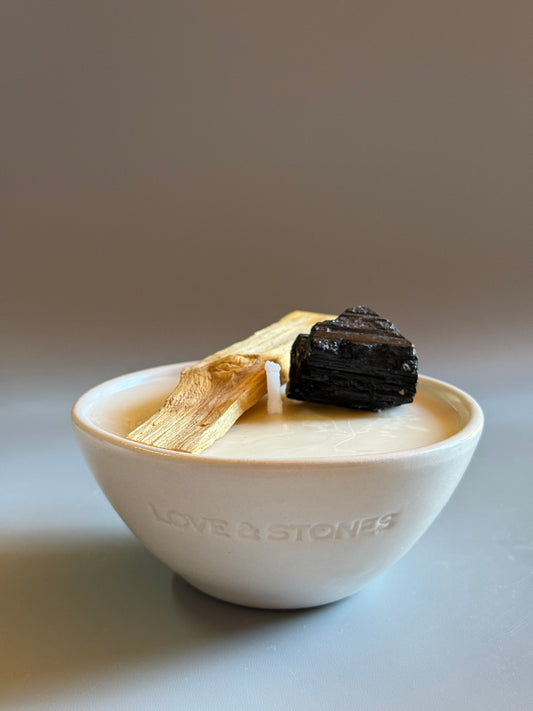 SPIRIT – BLACK TOURMALINE WITH PALO SANTO – MINI WHITE CANDLE