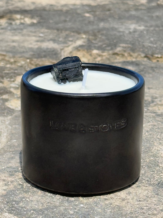 HEAL - BLACK TOURMALINE WITH LEMONGRASS & PATCHOULI BLACK TINY CANDLE