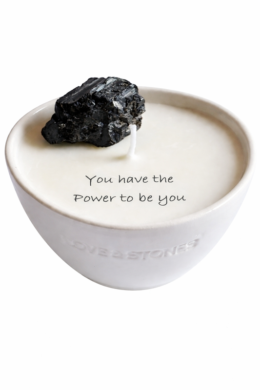 HEAL MANTRA - A MESSAGE IN A CANDLE, BLACK TOURMALINE, PATCHOULI & LEMONGRASS MINI WHITE CANDLE