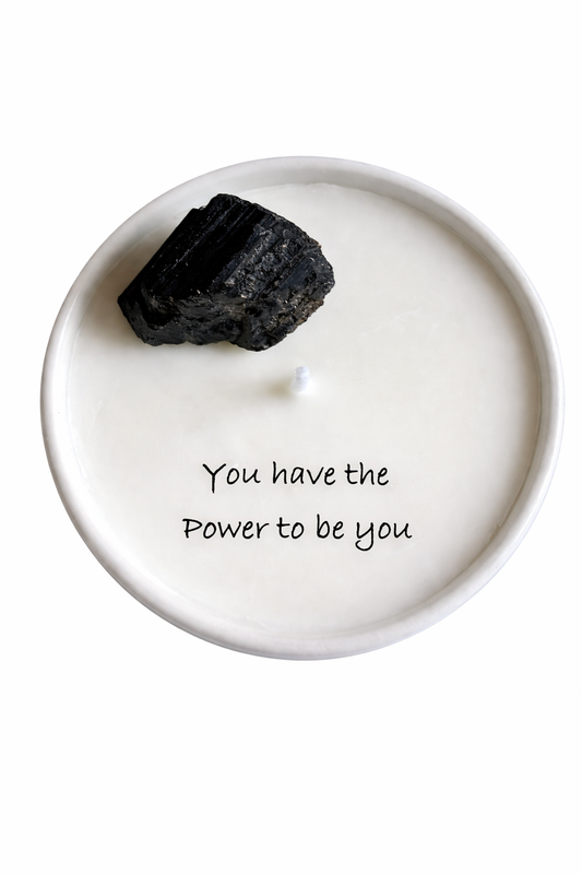 HEAL MANTRA - A MESSAGE IN A CANDLE, BLACK TOURMALINE, PATCHOULI & LEMONGRASS MINI WHITE CANDLE