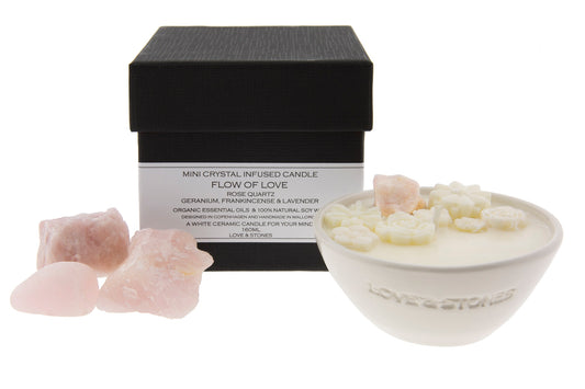 FLOW OF LOVE - ROSE QUARTZ CRYSTAL INFUSED SCENTED MINI CANDLE