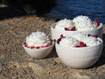 Load image into Gallery viewer, SERENITY - ROSE QUARTZ INFUSED SCENTED WITH ORGANIC ROSE BUDS PETIT WHITE CERAMIC CANDLE
