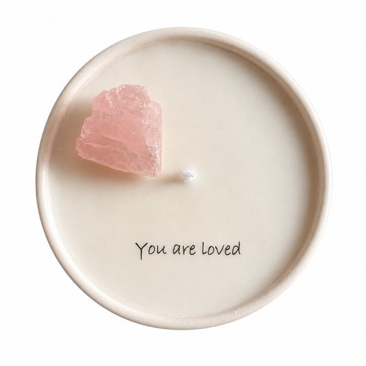 BELOVED - MANTRA ROSE QUARTZ, LEMON & LAVENDER MINI WHITE CANDLE