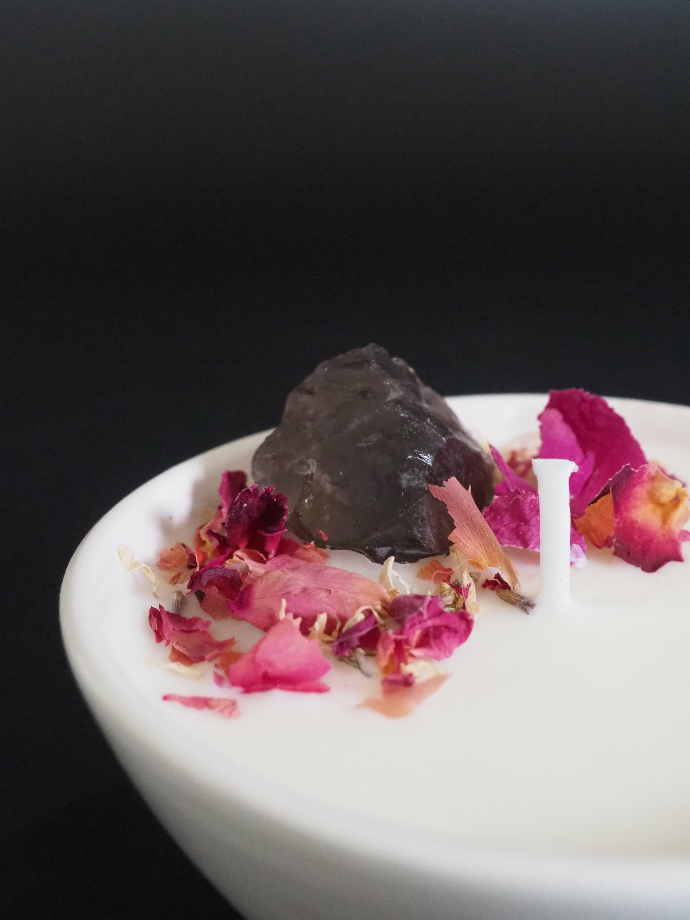 BALANCE  - SMOKED QUARTZ CRYSTAL INFUSED AND DRIED ORGANIC ROSE PETALS SCENTED WHITE MINI CANDLE