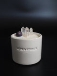 Load image into Gallery viewer, CALMING - AMETHYST AND CRYSTAL QUARTZ INFUSED SCENTED TINY WHITE CANDLE
