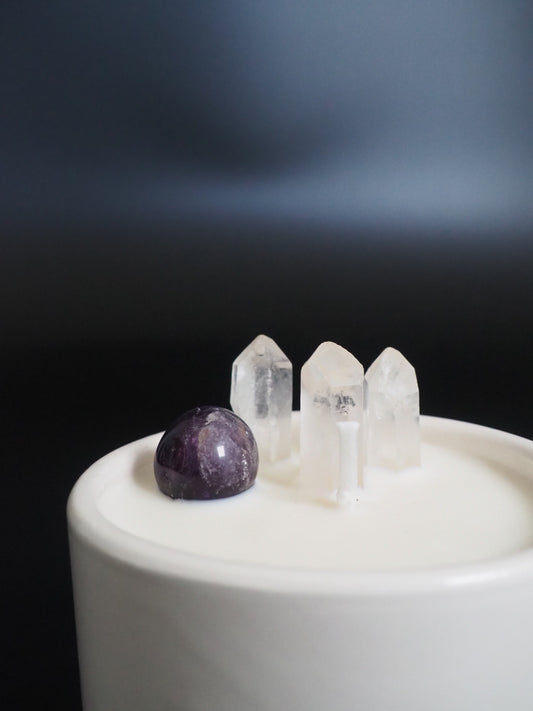 CALMING - AMETHYST AND CRYSTAL QUARTZ INFUSED SCENTED TINY WHITE CANDLE