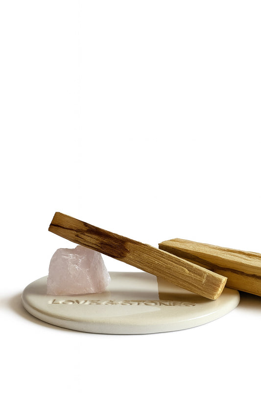 LIFE BY HAND ROSE QUARTZ CRYSTAL PALO SANTO BURNER SET
