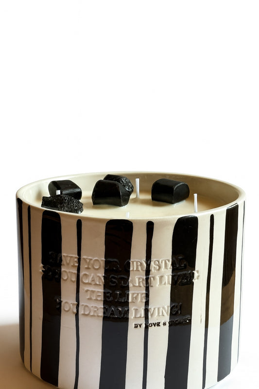 HEAL  - BLACK TOURMALINE WITH LEMONGRASS & PATCHOULI BIG STRIPED CANDLE