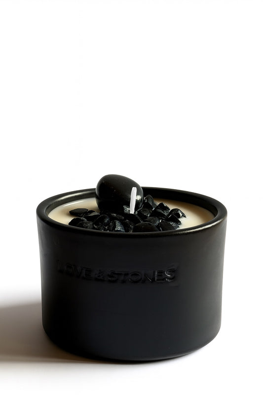 SPIRIT - BLACK TOURMALINE WITH PALO SANTO, FRANKINCENSE & SANDALWOOD TINY BLACK CANDLE