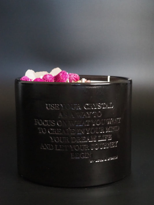 FOREVER - ROSE QUARTZ INFUSED AND DRIED ORGANIC FLOWERS SCENTED BIG BLACK CANDLE