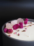 Load image into Gallery viewer, FOREVER - ROSE QUARTZ CRYSTAL INFUSED AND DRIED ORGANIC FLOWER SCENTED BIG GREY CANDLE
