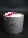 Load image into Gallery viewer, FOREVER - ROSE QUARTZ CRYSTAL INFUSED AND DRIED ORGANIC FLOWER SCENTED BIG GREY CANDLE
