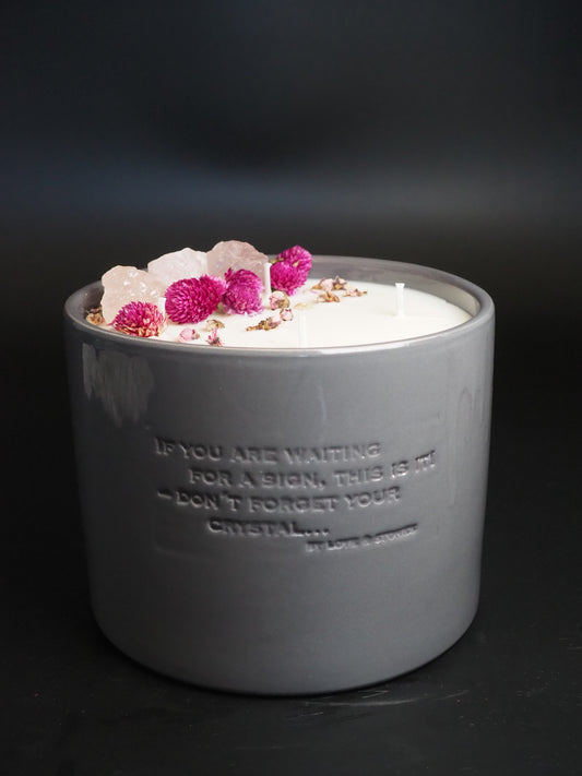 FOREVER - ROSE QUARTZ CRYSTAL INFUSED AND DRIED ORGANIC FLOWER SCENTED BIG GREY CANDLE