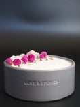 Load image into Gallery viewer, FOREVER  - ROSE QUARTZ INFUSED AND DRIED ORGANIC FLOWERS SCENTED LARGE GREY CANDLE
