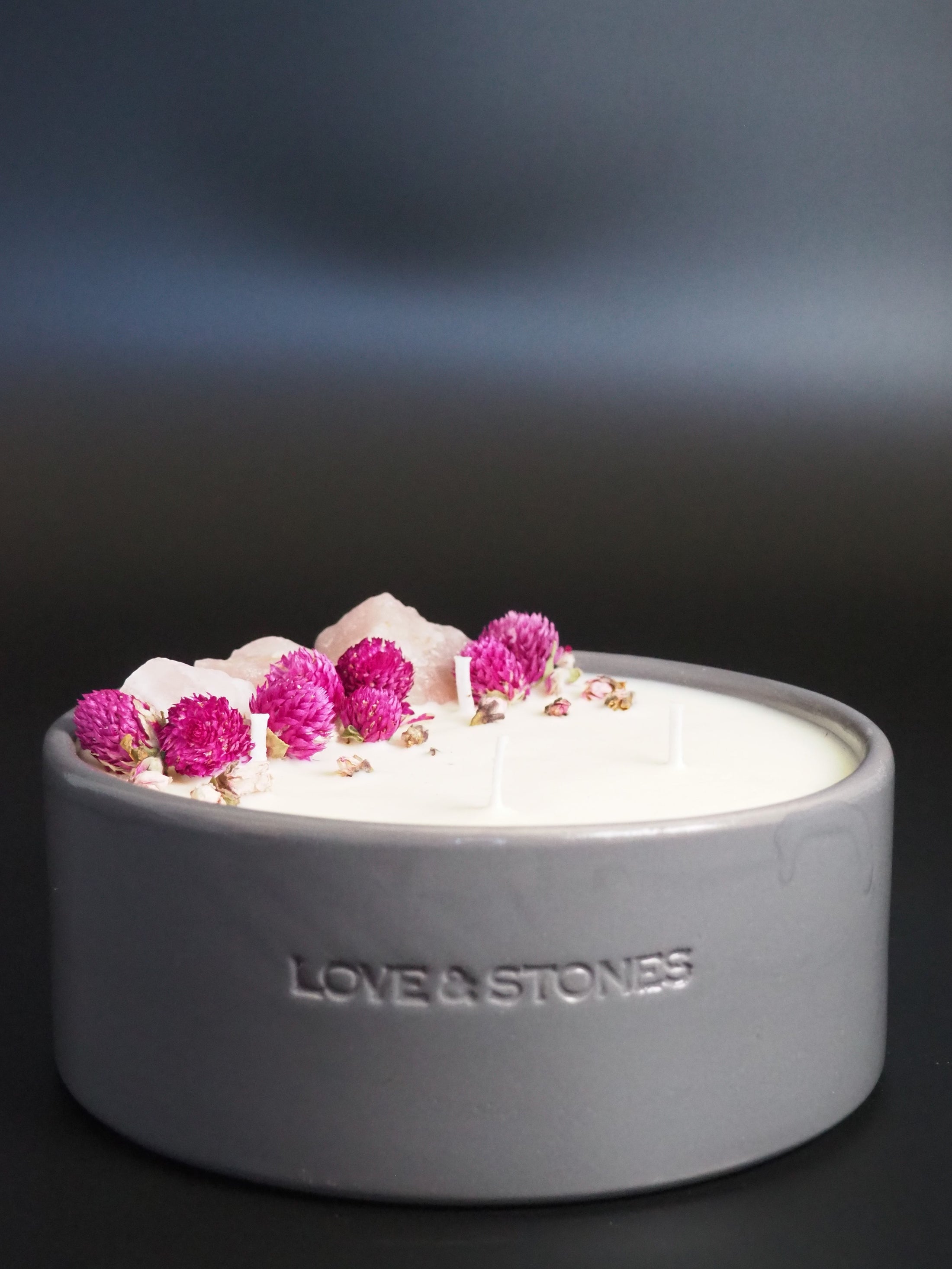 FOREVER  - ROSE QUARTZ INFUSED AND DRIED ORGANIC FLOWERS SCENTED LARGE GREY CANDLE