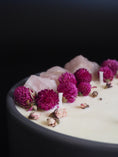 Load image into Gallery viewer, FOREVER  - ROSE QUARTZ INFUSED AND DRIED ORGANIC FLOWERS SCENTED LARGE GREY CANDLE
