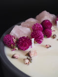 Load image into Gallery viewer, FOREVER  - ROSE QUARTZ INFUSED AND DRIED ORGANIC FLOWERS SCENTED LARGE GREY CANDLE
