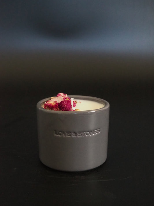 FOREVER - ROSE QUARTZ CRYSTAL INFUSED AND DRIED ORGANIC FLOWERS SCENTED TINY GREY CANDLE