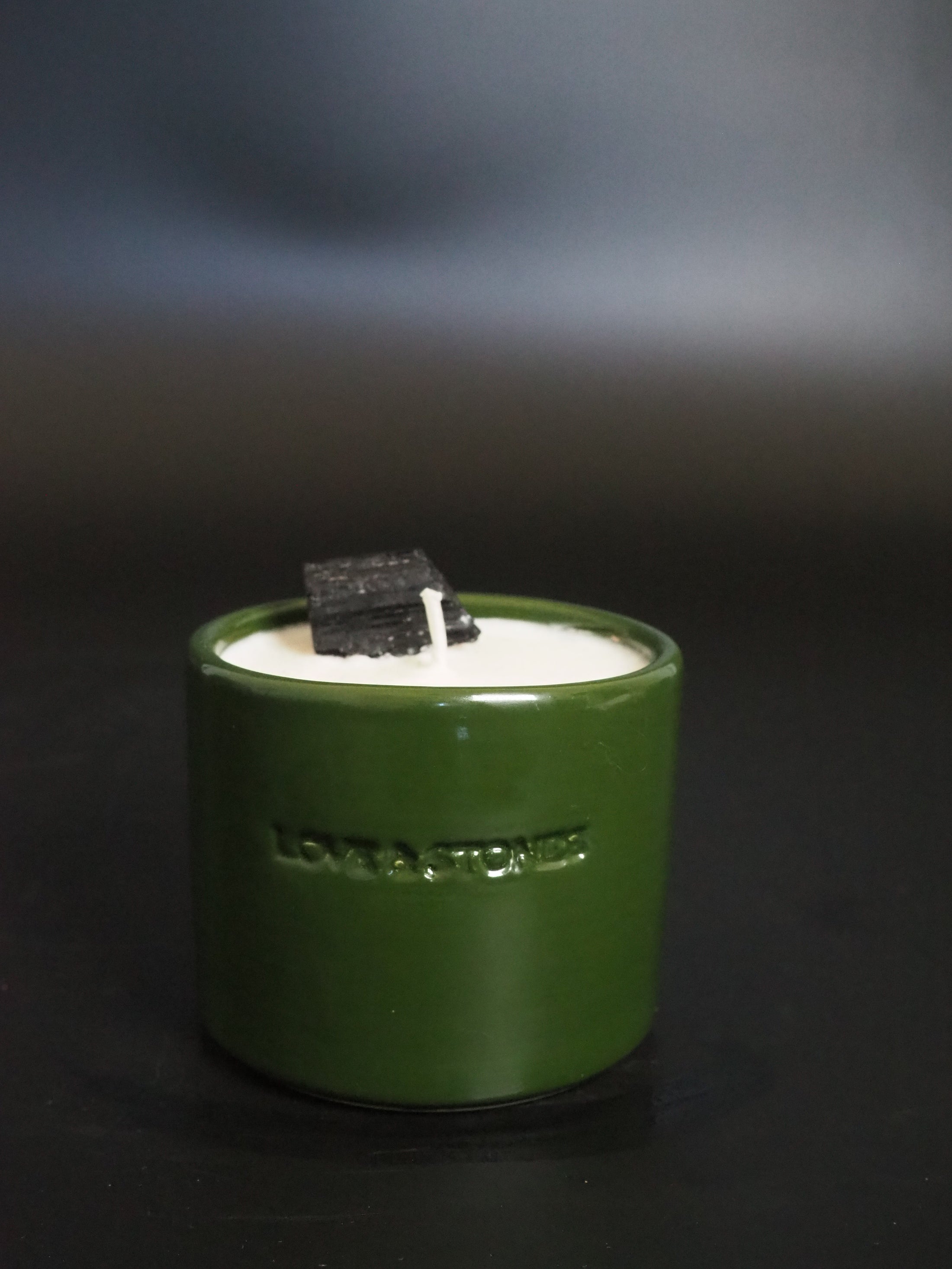 HEAL - BLACK TOURMALINE CRYSTAL INFUSED SCENTED TINY GREEN CANDLE