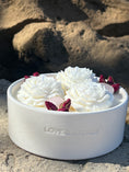 Load image into Gallery viewer, SERENITY - ROSE QUARTZ INFUSED SCENTED WITH ORGANIC ROSE BUDS LARGE WHITE CERAMIC CANDLE
