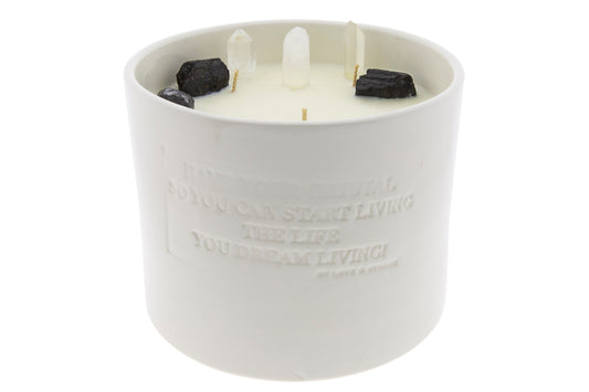 FEEL BALANCE - BLACK TOURMALINE & RAW CRYSTAL QUARTZ POINTER CRYSTAL INFUSED SCENTED CANDLE