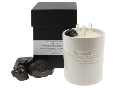 FEEL BALANCE - BLACK TOURMALINE & RAW POINTER CRYSTAL QUARTZ CRYSTAL INFUSED SCENTED CANDLE