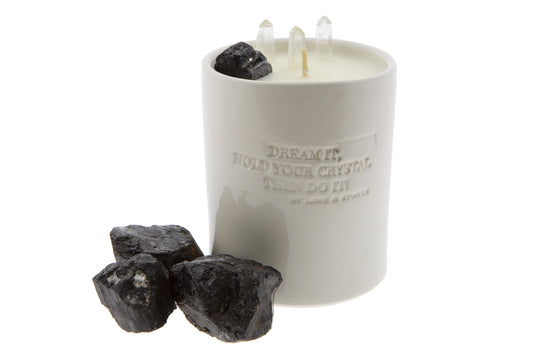 FEEL BALANCE - BLACK TOURMALINE & RAW POINTER CRYSTAL QUARTZ CRYSTAL INFUSED SCENTED CANDLE