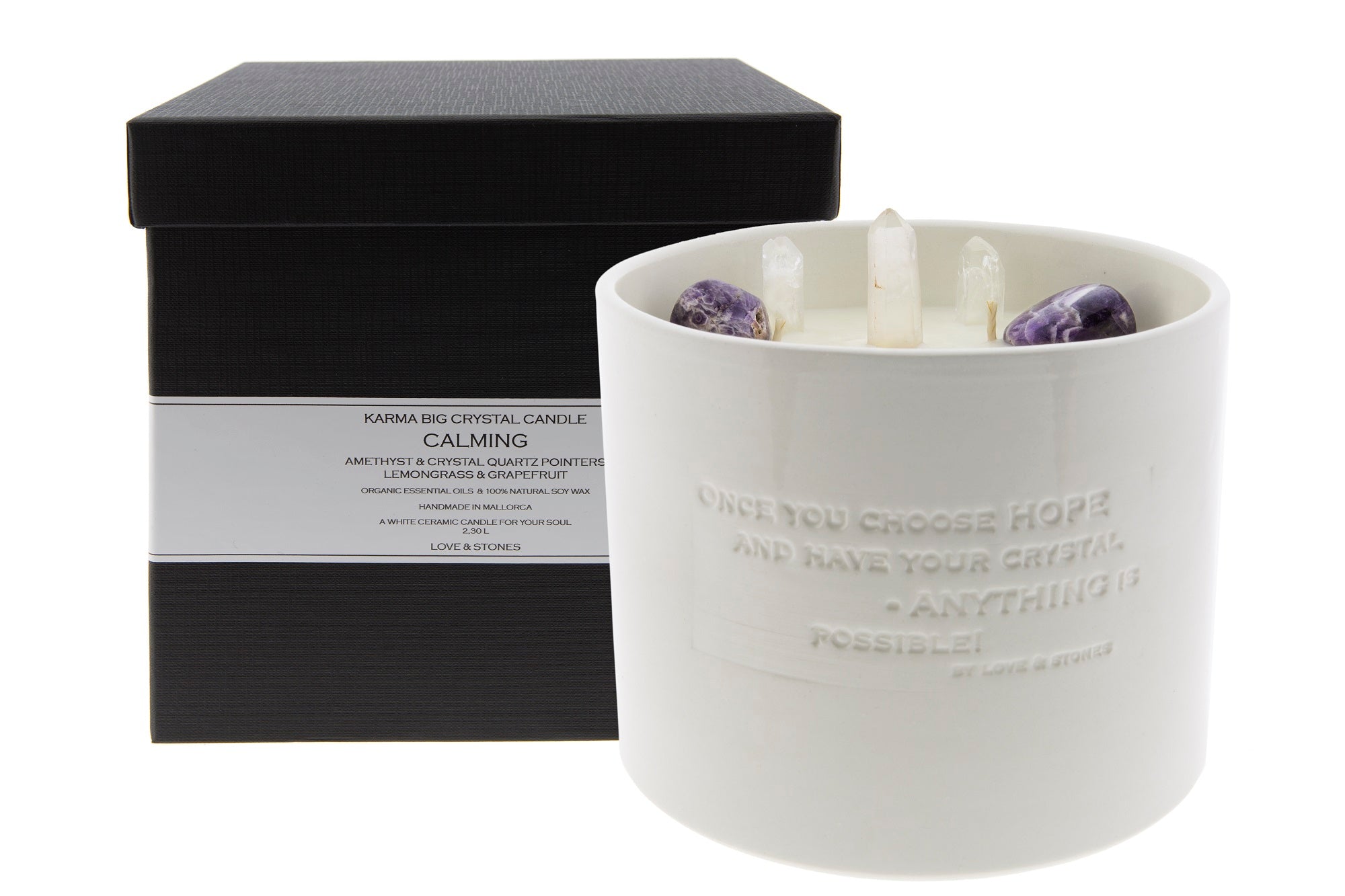 CALMING - AMETHYST & CRYSTAL QUARTZ STONE INFUSED SCENTED BIG CANDLE