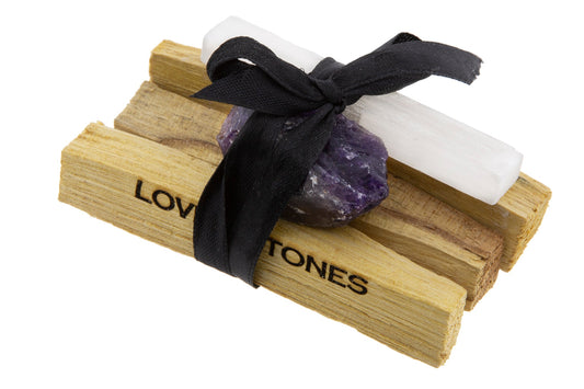 CALMING CRYSTAL BUNDLE - A RAW AMETHYST, SELENITE AND PALO SANTO