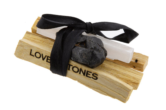 ENERGY CRYSTAL BUNDLE - A RAW BLACK TOURMALINE CRYSTAL , SELENITE AND PALO SANTO